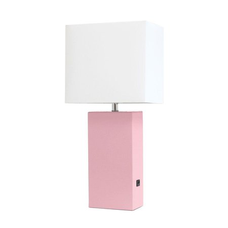 FEELTHEGLOW Modern Leather Table Lamp with USB & White Fabric Shade, Pink FE2519847